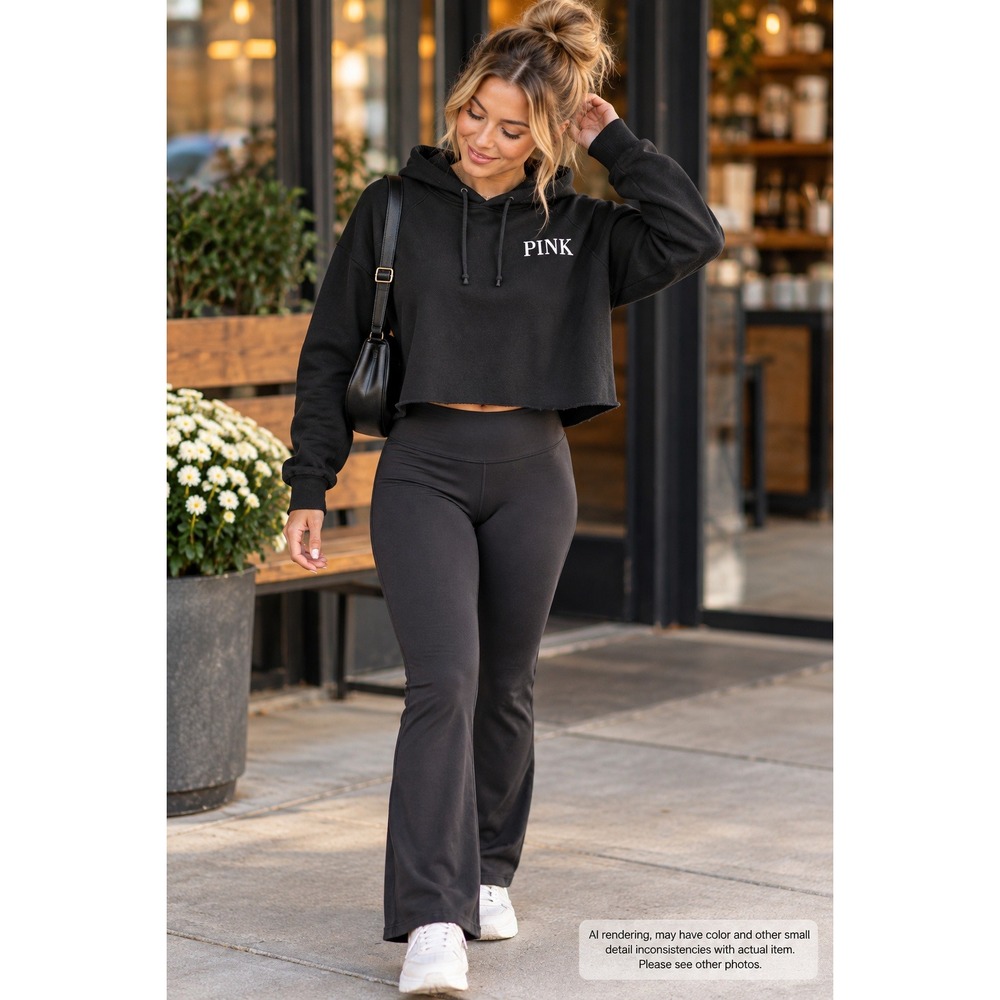 PINK Victoria's Secret Large Cropped Hoodie Black Logo Raw Hem Y2K Athleisure